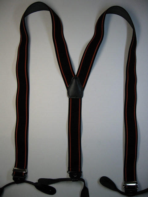 HARLEY COLORS. ORANGE STRIPES ON BLACK.Button-On2"x 48" "Y" STYLE LEATHER ENDS SUSPENDERS.YB-PA130N48BLOR